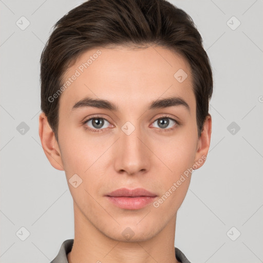 Neutral white young-adult male with short  brown hair and brown eyes