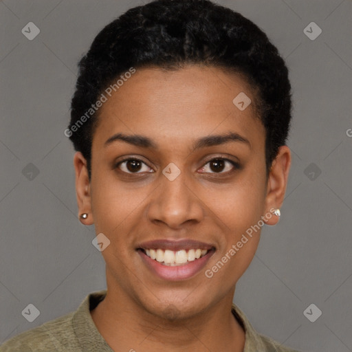 Joyful latino young-adult female with short  black hair and brown eyes