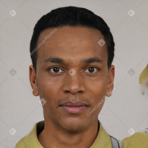 Neutral black young-adult male with short  black hair and brown eyes