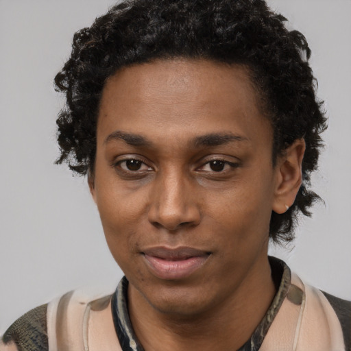 Neutral black young-adult female with short  black hair and brown eyes