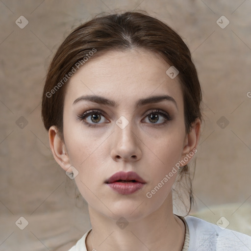 Neutral white young-adult female with medium  brown hair and brown eyes