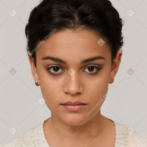 Neutral latino young-adult female with short  brown hair and brown eyes