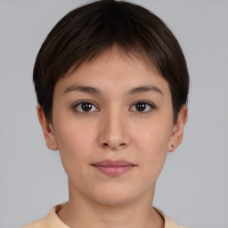 Neutral white young-adult female with short  brown hair and brown eyes