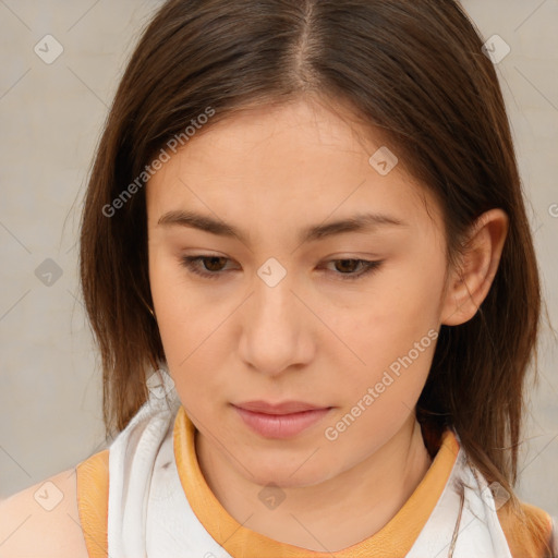 Neutral white young-adult female with medium  brown hair and brown eyes