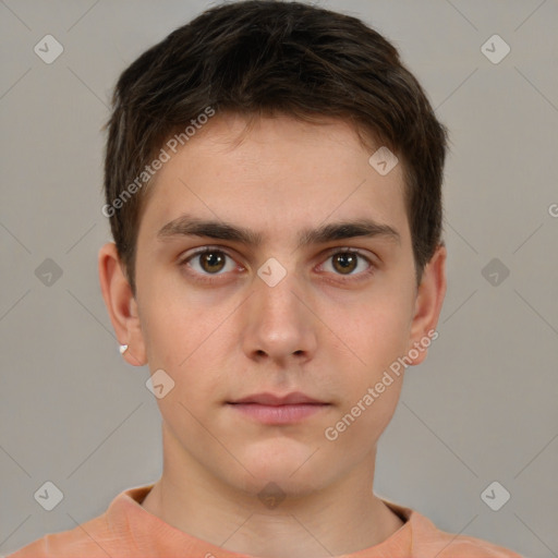 Neutral white young-adult male with short  brown hair and brown eyes