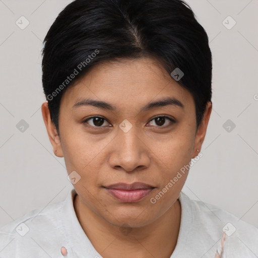 Joyful latino young-adult female with short  brown hair and brown eyes