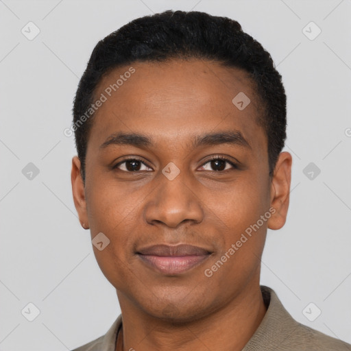 Joyful black young-adult male with short  black hair and brown eyes