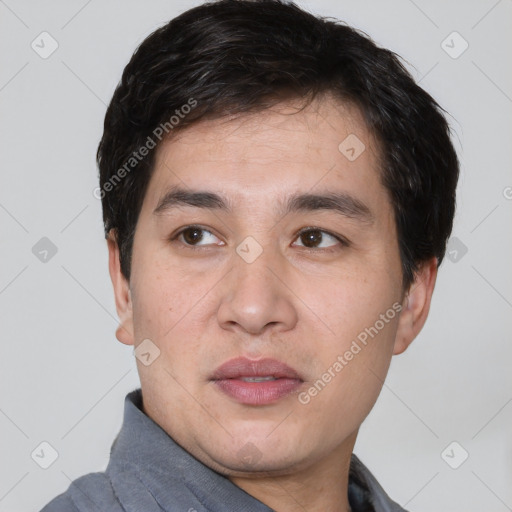 Neutral white young-adult male with short  black hair and brown eyes