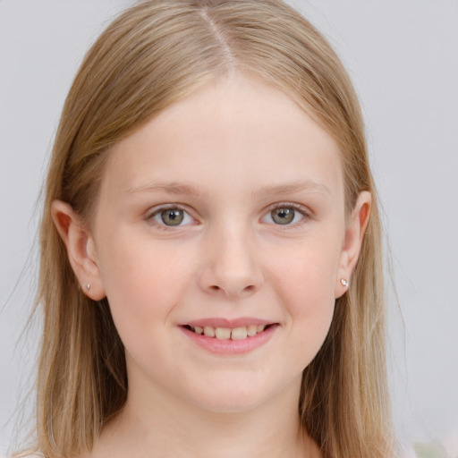 Joyful white child female with medium  brown hair and blue eyes