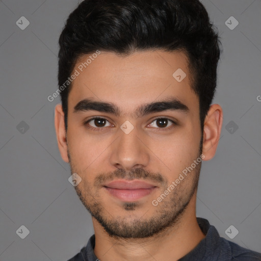 Joyful white young-adult male with short  black hair and brown eyes