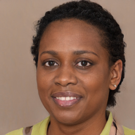 Joyful black adult female with short  brown hair and brown eyes