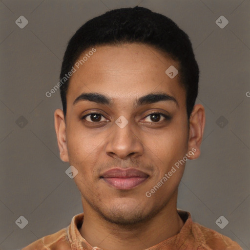 Joyful latino young-adult male with short  black hair and brown eyes