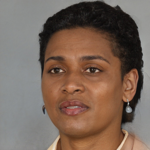 Joyful black young-adult female with short  black hair and brown eyes