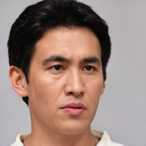 Neutral white young-adult male with short  black hair and brown eyes