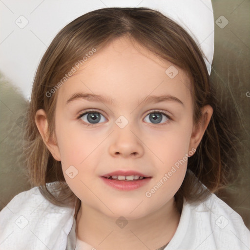 Joyful white child female with medium  brown hair and grey eyes