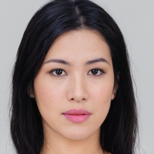 Neutral asian young-adult female with long  black hair and brown eyes