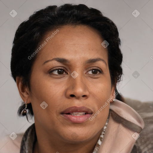Joyful black adult female with medium  brown hair and brown eyes