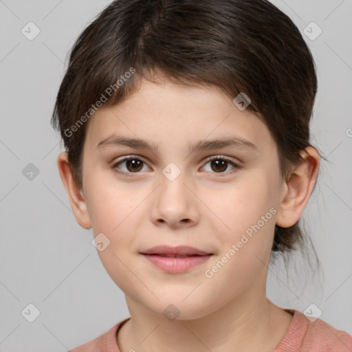 Joyful white child female with medium  brown hair and brown eyes