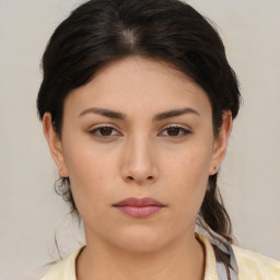 Neutral asian young-adult female with medium  brown hair and brown eyes