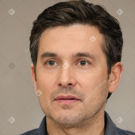 Neutral white adult male with short  brown hair and brown eyes