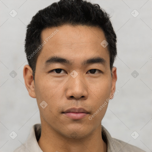 Neutral asian young-adult male with short  black hair and brown eyes