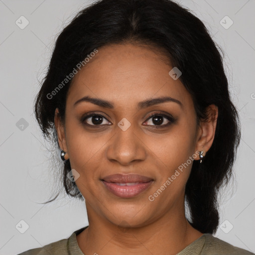 Joyful black young-adult female with medium  black hair and brown eyes