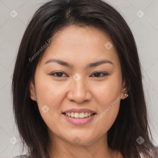 Joyful white young-adult female with long  brown hair and brown eyes