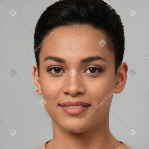 Joyful latino young-adult female with short  brown hair and brown eyes