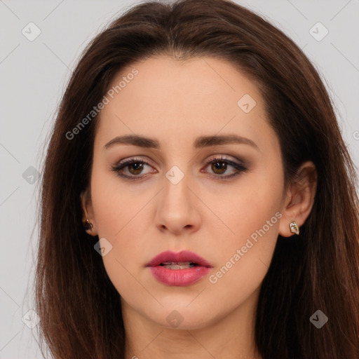 Neutral white young-adult female with long  brown hair and brown eyes