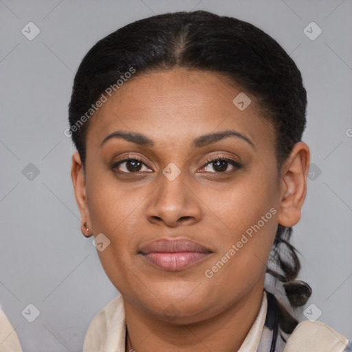 Joyful latino young-adult female with short  brown hair and brown eyes