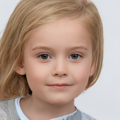 Neutral white child female with medium  brown hair and blue eyes