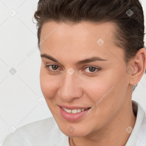 Joyful white young-adult female with short  brown hair and brown eyes