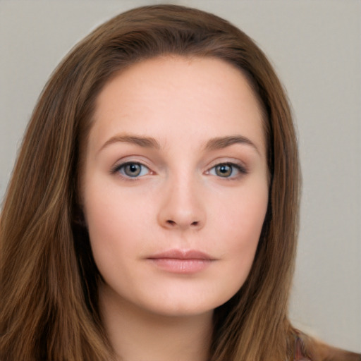 Neutral white young-adult female with long  brown hair and grey eyes