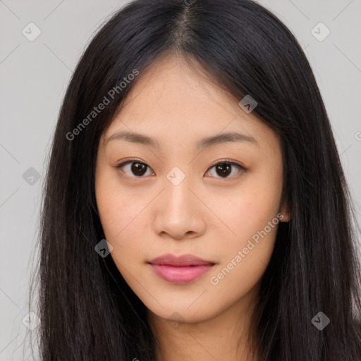 Neutral asian young-adult female with long  brown hair and brown eyes