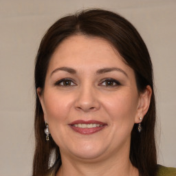 Joyful white adult female with long  brown hair and brown eyes