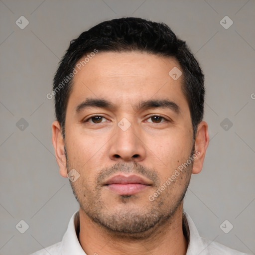 Neutral latino young-adult male with short  black hair and brown eyes