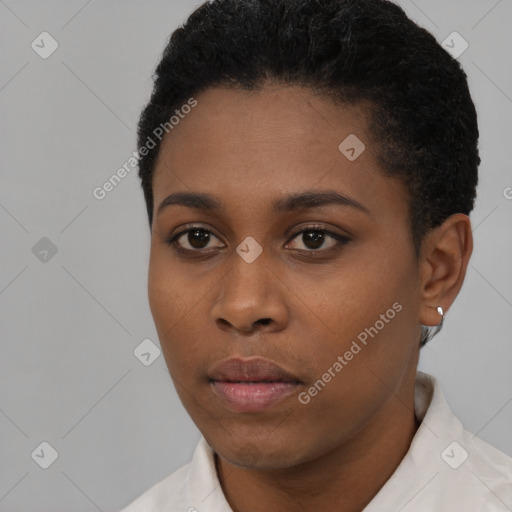 Neutral black young-adult female with short  black hair and brown eyes