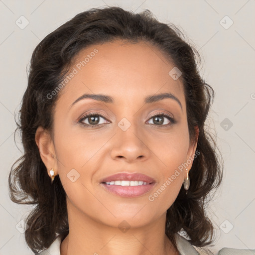 Joyful white young-adult female with medium  brown hair and brown eyes