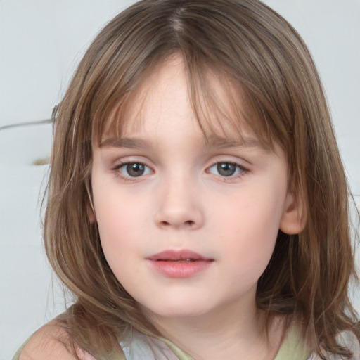 Neutral white child female with medium  brown hair and grey eyes