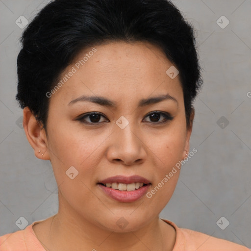 Joyful asian young-adult female with short  brown hair and brown eyes