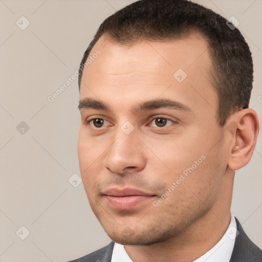 Neutral white young-adult male with short  brown hair and brown eyes