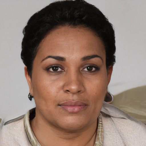 Joyful latino adult female with short  black hair and brown eyes