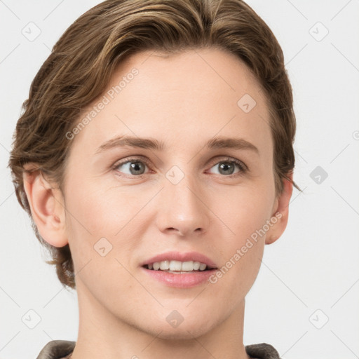 Joyful white young-adult female with short  brown hair and grey eyes