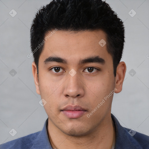 Neutral asian young-adult male with short  black hair and brown eyes