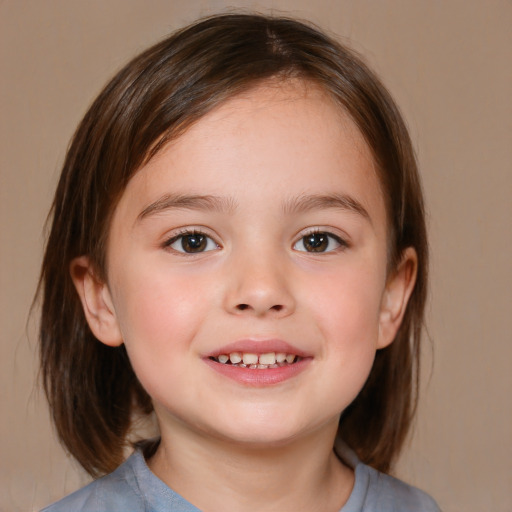 Joyful white child female with medium  brown hair and brown eyes