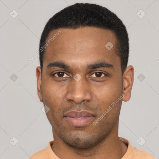 Neutral black young-adult male with short  black hair and brown eyes