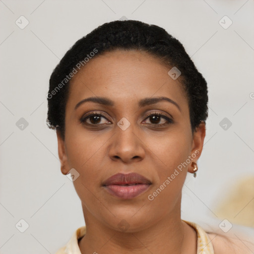 Joyful latino young-adult female with short  black hair and brown eyes