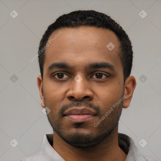 Neutral latino young-adult male with short  black hair and brown eyes