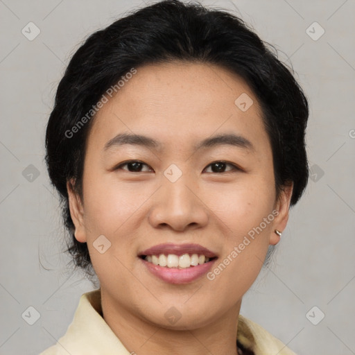 Joyful asian young-adult female with medium  brown hair and brown eyes