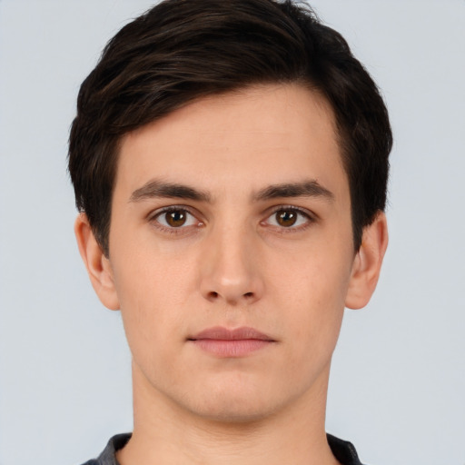 Neutral white young-adult male with short  brown hair and brown eyes